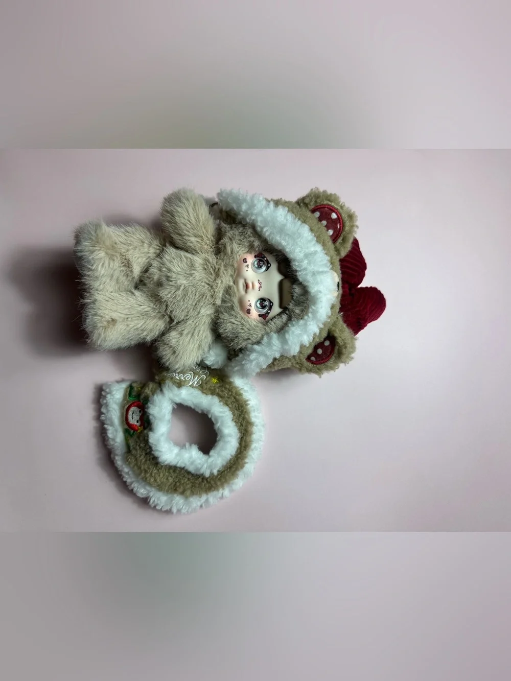 Snowball Cub Hooded Doll Keychain in Beige with White Trim
